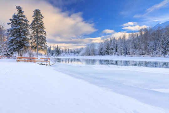 Scenic View Of The Kenai River And Jim's Landing During Winter, Southcentral Alaska, Hdr
