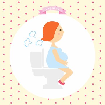 Cartoon illustration of a pregnant woman produces gases sitting on the toilet. series pregnancy