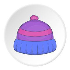 Winter hat icon in cartoon style on white circle background. Accessory symbol vector illustration