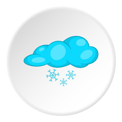 Clouds and snow icon in cartoon style on white circle background. Weather symbol vector illustration