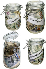 Money in the glass jar as savings isolated objects set