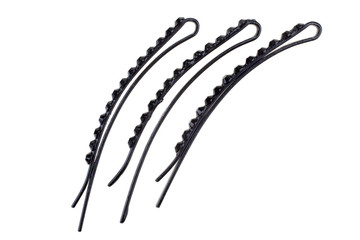 Three various black metal hairpins isolated on white background - obrazy, fototapety, plakaty