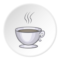 Cup of tea icon in cartoon style on white circle background. Drink symbol vector illustration