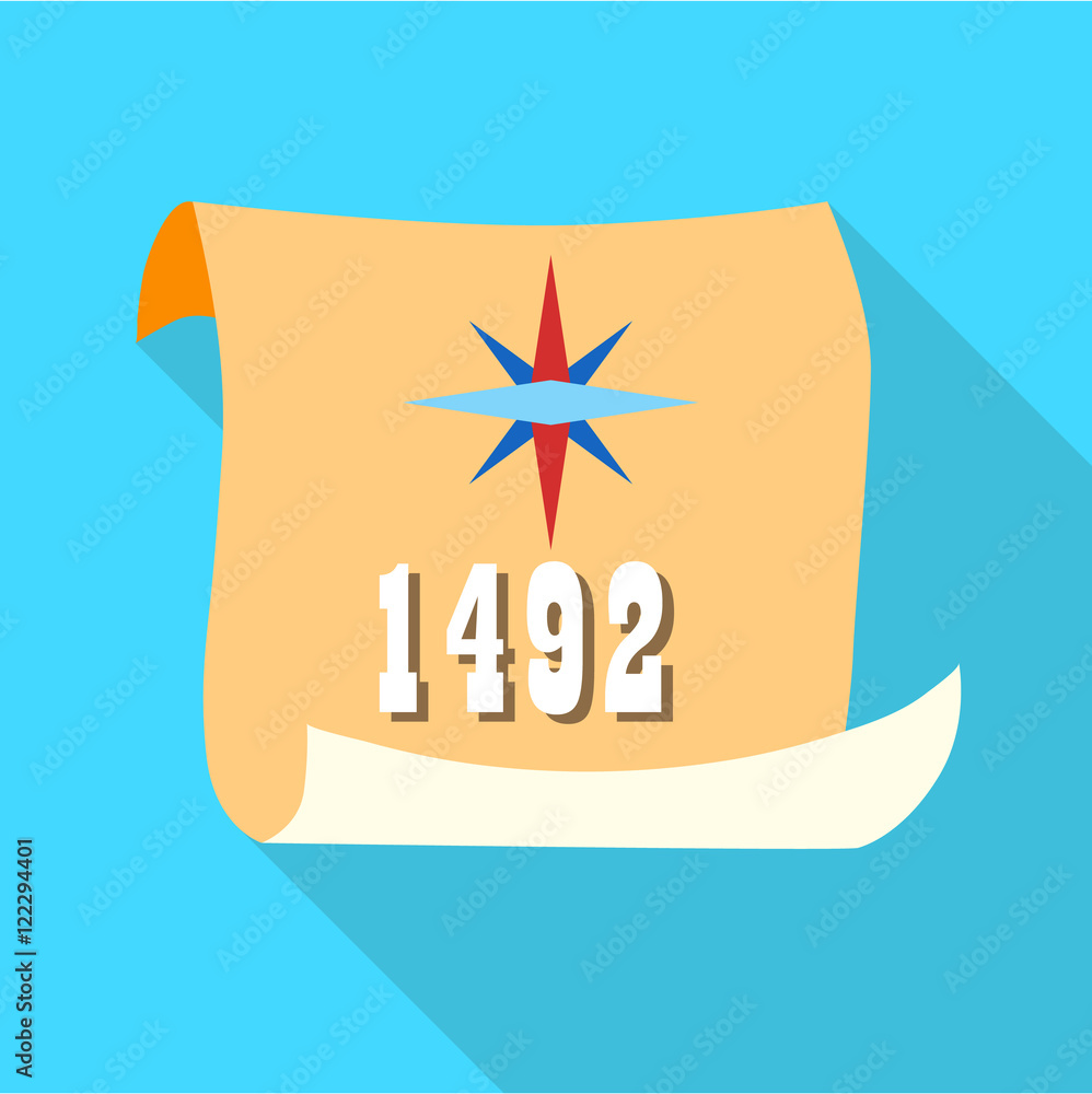 Poster scroll with date 1492 of columbus day icon in flat style with long shadow. holiday symbol vector ill
