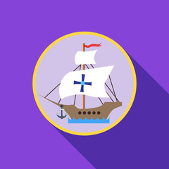 Ship with flag of Columbus icon in flat style with long shadow. Maritime transport symbol vector illustration