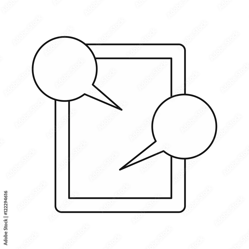 Poster tablet computer and speech bubbles icon in outline style isolated on white background vector illustr