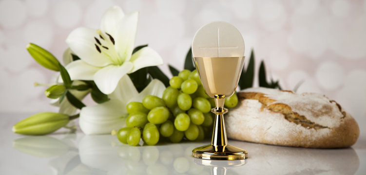 Eucharist symbol of bread and wine, chalice and host, First comm
