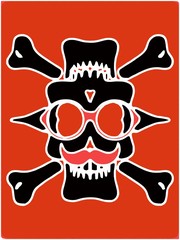 black devil skull with glasses and bones and red background