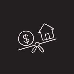 House and dollar symbol on scales sketch icon.