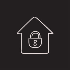 House with closed lock sketch icon.