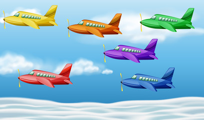 Six airplanes flying in the sky