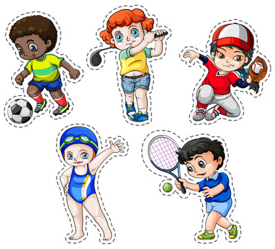 Sticker set of children playing sports