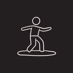 Fototapeta na wymiar Male surfer riding on surfboard sketch icon.
