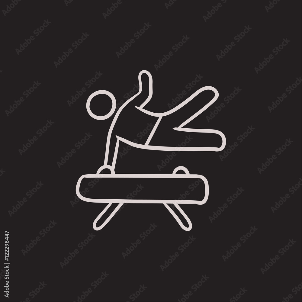 Poster gymnast exercising on pommel horse sketch icon.