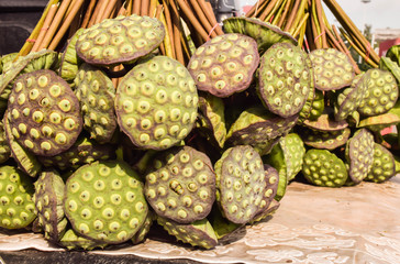 Abstract soft blurred and soft focus of lotus fruit and lotus seed in the local market .The local food and Thai herb in Thailand. © worranam2w