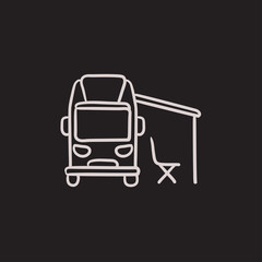 Motorhome with tent sketch icon.