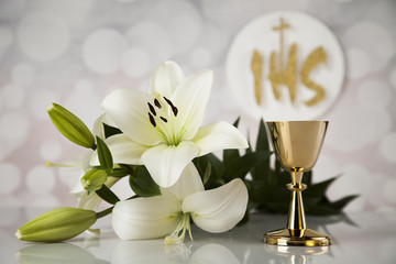 Symbol christianity religion a golden chalice with grapes and br
