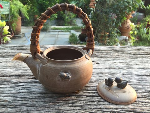 Cute bird clay tea pot in garden