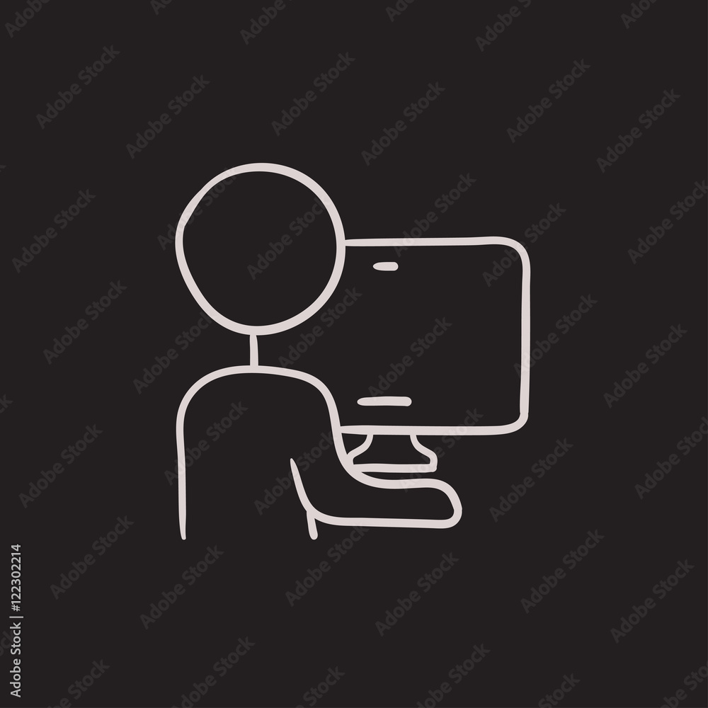 Poster man working at his computer sketch icon.