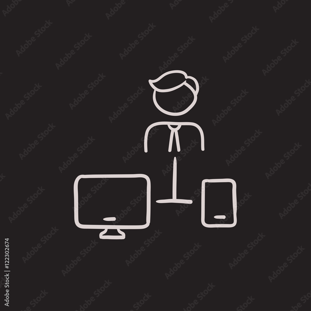 Aufkleber man linked with computer and phone sketch icon.
