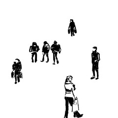 Sketch. Scattered people in the square. Ink brush.