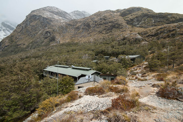 Routeburn Track. Hikers hut.  Fiordland national park. South Island