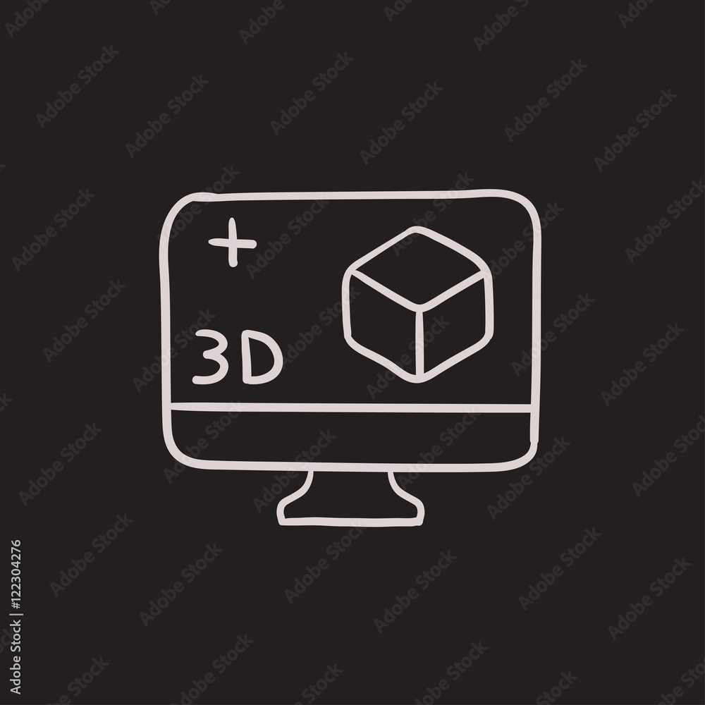 Poster computer monitor with 3d box sketch icon.