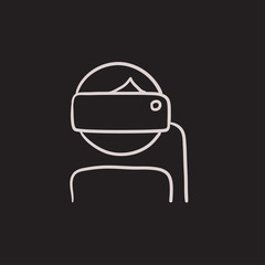 Man wearing virtual reality headset sketch icon.