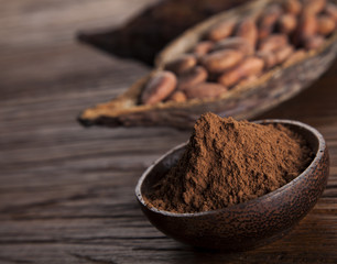 Cocoa beans in the dry cocoa pod fruit on wooden background