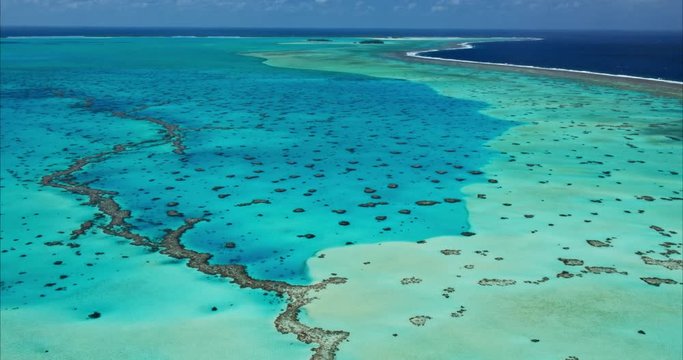 Aerial view of coral reef lagoon in South Pacific