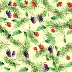 Watercolor, vintage, seamless pattern in blackberries, raspberries, pine branches, fir, pine needles.