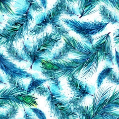 Watercolor Vintage seamless pattern. With a picture - a branch of spruce, pine and cedar. The pattern of pine branches. Use for various designs, materials, packaging, paper.