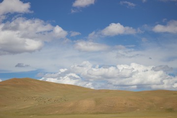 Fototapeta na wymiar a steppe landscape under blue sky with clouds, a flock of sheep on the hill