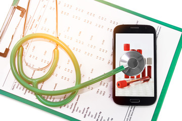 Stethoscope on smartphone with blood tube screen isolate on the chart background