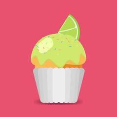 Sweet cake with cream, decorated with a slice of lime. Vector illustration