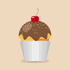 Sweet cake with chocolate cream, decorated with cherries. Vector