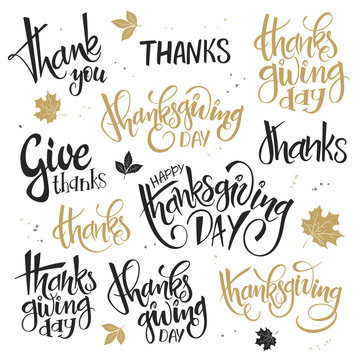 vector set of hand lettering thanksgiving day quotes - happy thanksgiving, give thanks and others, written in various styles