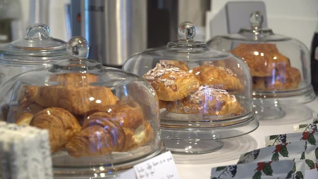 Croissants on display in a coffee shop