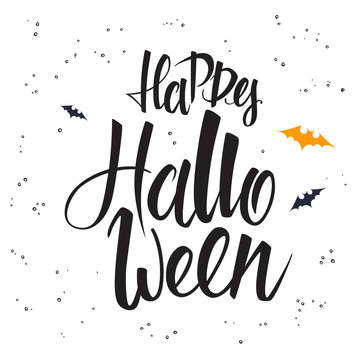 vector hand lettering halloween greetings text - happy halloween with bat