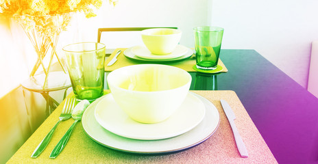 Close up table setting on wooden table