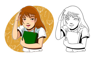 vector illustration of cute girl hug a book on stationary pattern background and line art for coloring book