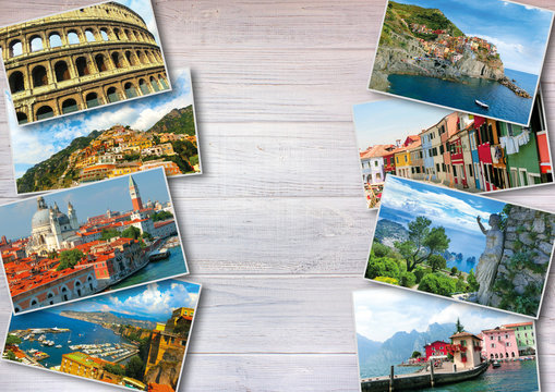 Collage from photos of Italy on white wooden background