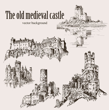 Set medieval castles Isolated on white background. Graphic drawing.