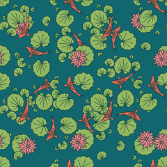Pattern. Red fish in the pond with lotuses.