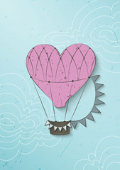 Air baloon heart with flags between clouds