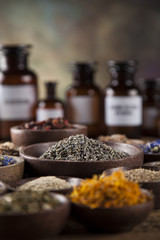 Herbal medicine on wooden desk background