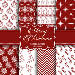 Naklejka premium Christmas Collection of seamless patterns with red and white colors
