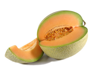 Close-up of orange muskmelon with single slice piece cut off isolated on white background 