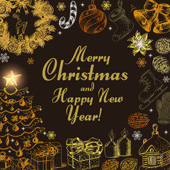 Vector background with an inscription in the center of Christmas items and circle