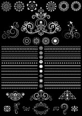 Vintage white calligraphy border and round ornaments on black background

